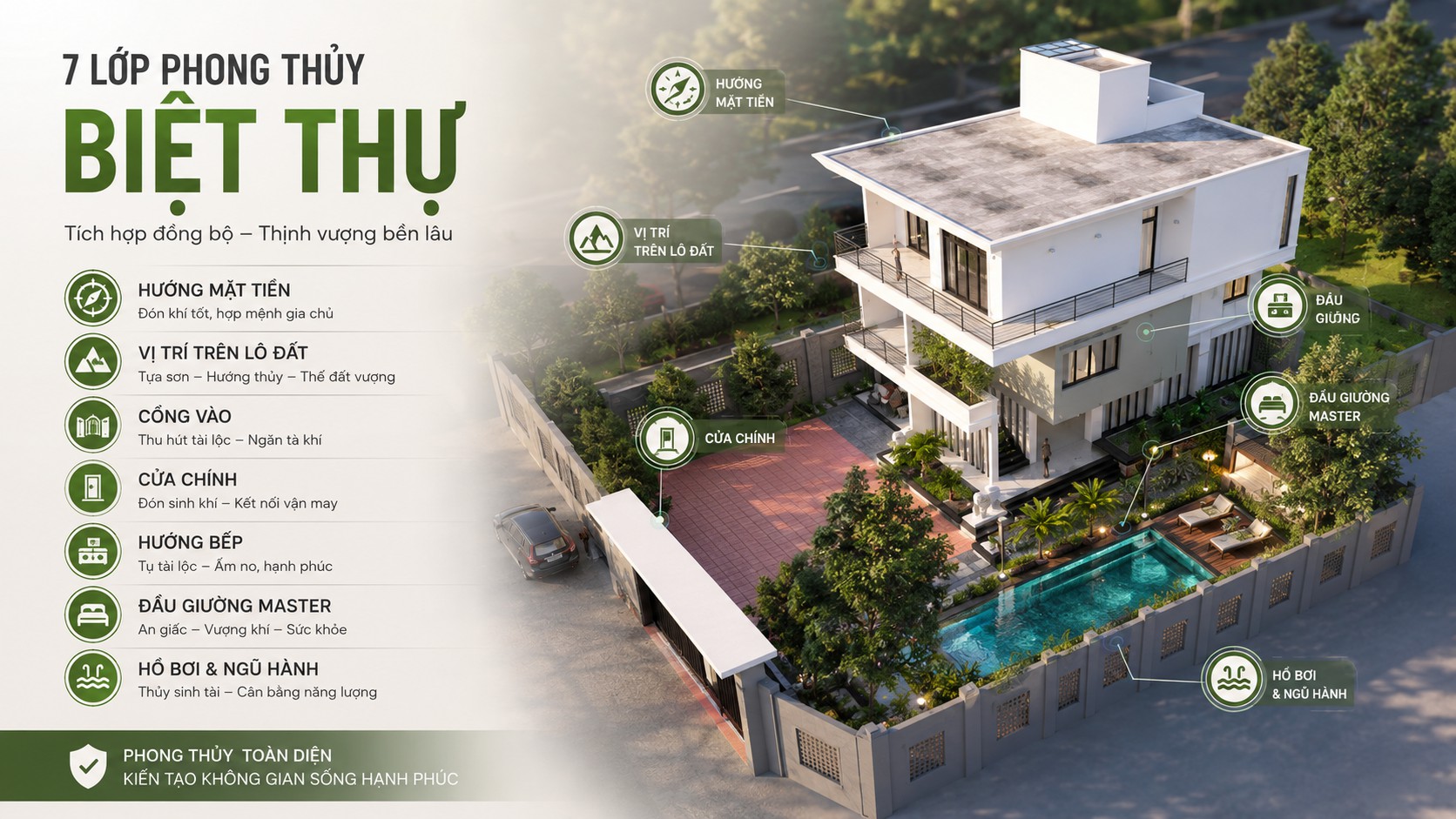 Phong Thủy Biệt Thự: 7 Yếu Tố Từ Hướng Nhà Đến Hồ Bơi