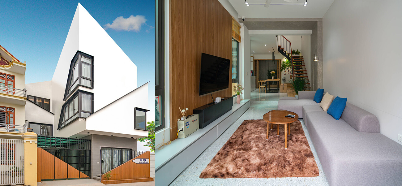 Mặt tiền nhà phố 3 tầng nổi bật giữa khu phố bởi có mái xéo với hình dáng lạ mắt