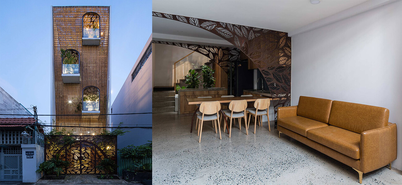 Mẫu mặt tiền nhà đẹp với lớp màn tre chạy dọc theo chiều dài giúp kết nối tối đa với thiên nhiên