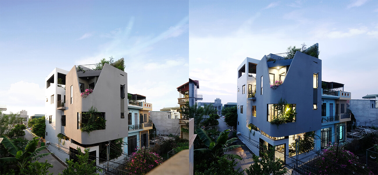 Nhà phố 3 tầng dùng sỏi cuội trải trên sân thượng làm sân chơi cho con