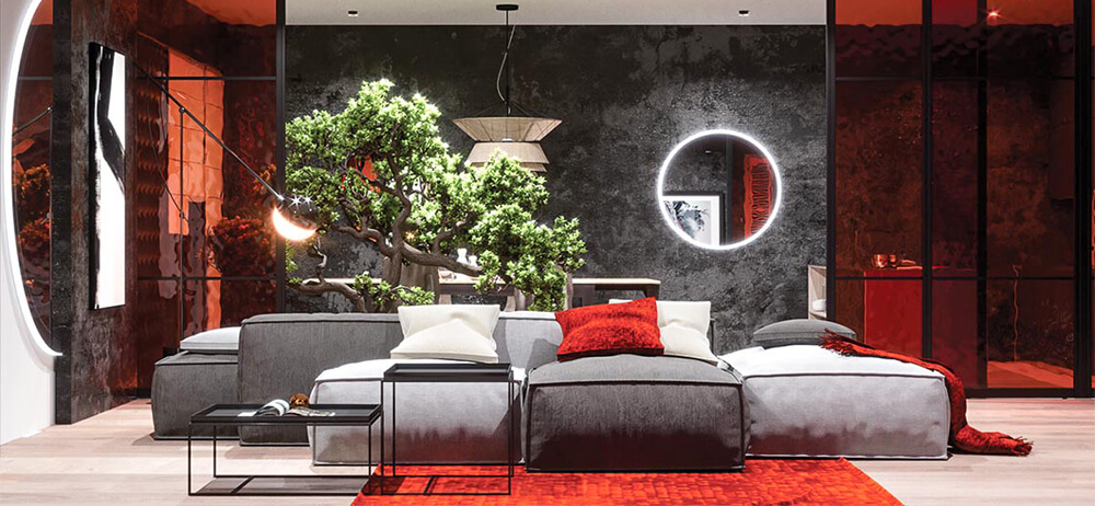 Thiết kế nội thất hiện đại với tông màu đỏ và xám theo phong cách Nhật Bản