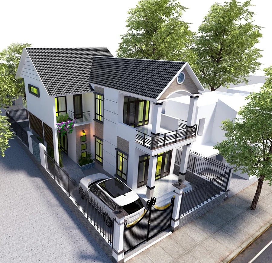 Tư vấn xây nhà 2 tầng có sân rộng bao quanh