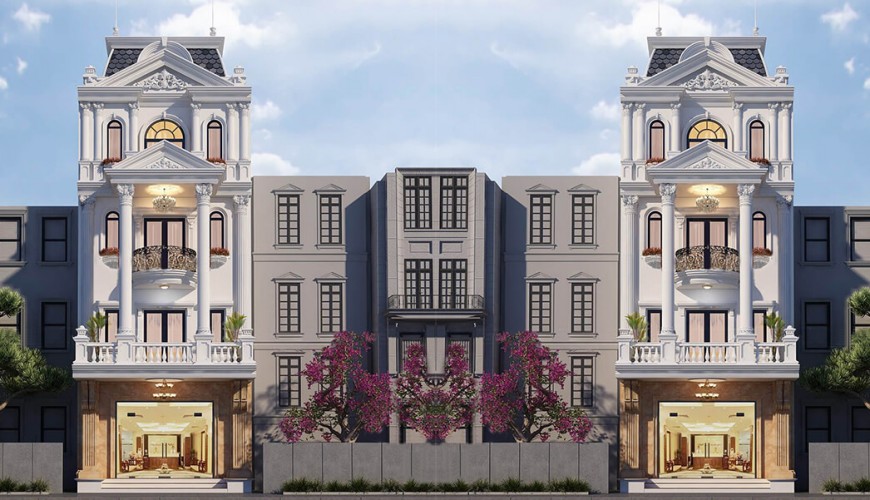 Nhà phố tân cổ điển thiết kế 4 tầng 1 tum sang trọng tại Bình Dương